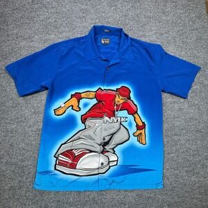 KAD Mens M‎ Blue Multicolor Graphic Hip Hop Skater Short Sleeve Button Up Shirt